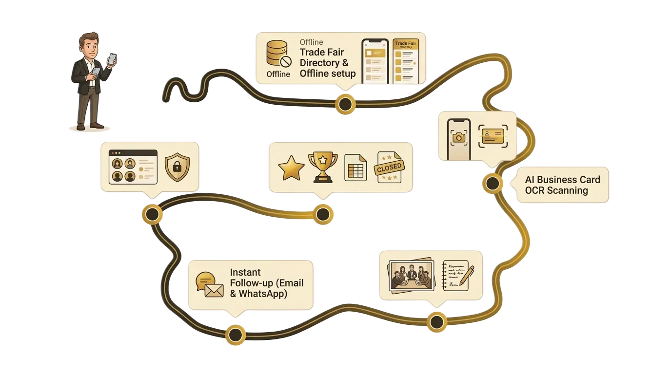 A journey through the app: fair directory and offline setup, business card scanning, photo and voice notes, instant follow-up, Excel export, and team coordination