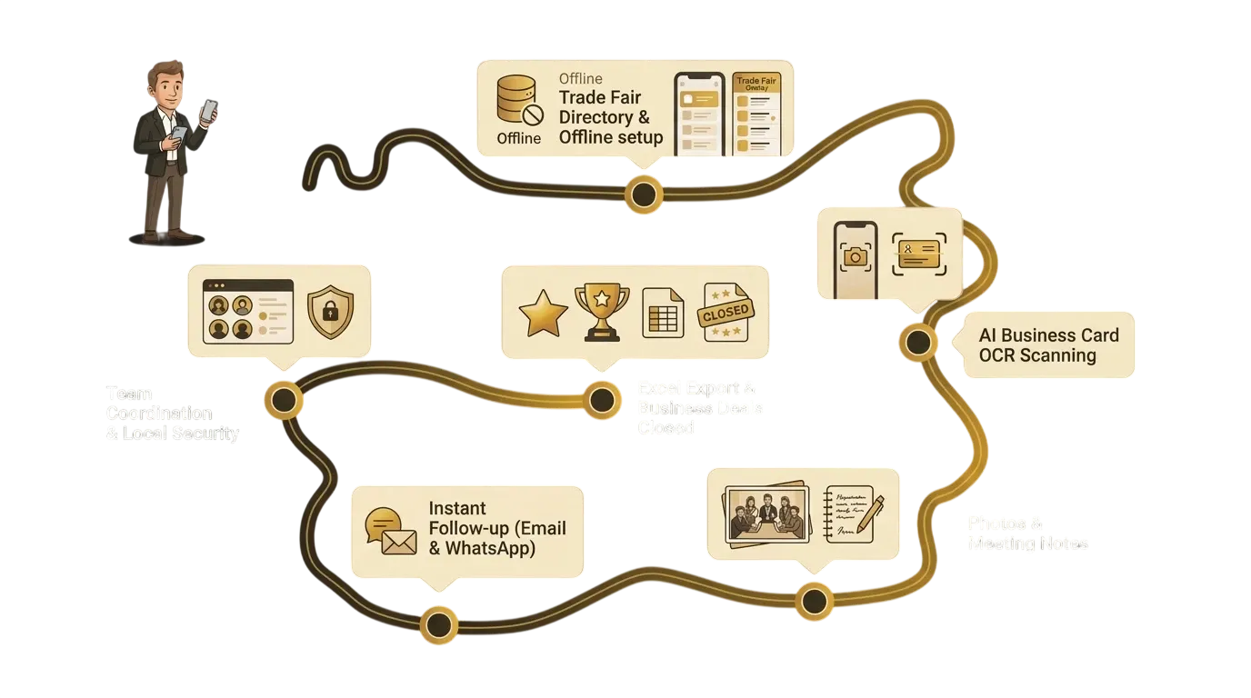 A journey through the app: fair directory and offline setup, business card scanning, photo and voice notes, instant follow-up, Excel export, and team coordination